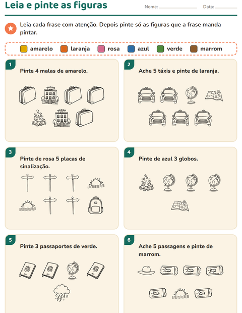 Pré-visualização da ficha de Leia e pinte com Viagens e Férias PB para 1º ano do ensino fundamental