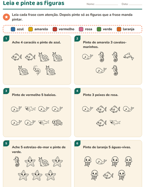 Pré-visualização da ficha de Leia e pinte com Vida marinha PB 2 para 1º ano do ensino fundamental