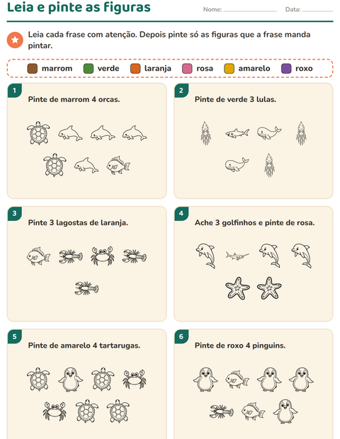 Pré-visualização da ficha de Leia e pinte com Vida marinha PB para 1º ano do ensino fundamental