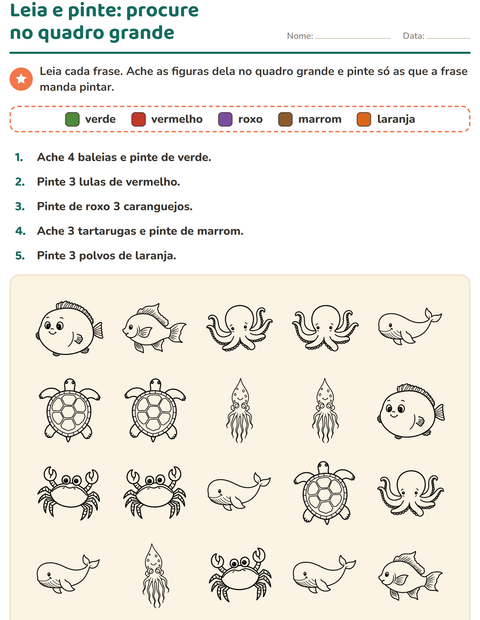 Pré-visualização da ficha de Leia e pinte com Vida marinha PB para 1º ano do ensino fundamental