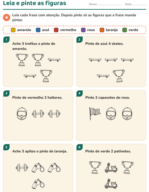 Pré-visualização da ficha de Leia e pinte com Esportes PB para 1º ano do ensino fundamental