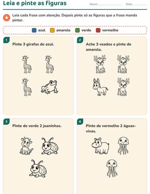 Pré-visualização da ficha de Leia e pinte com Animais PB 3 para 1º ano do ensino fundamental