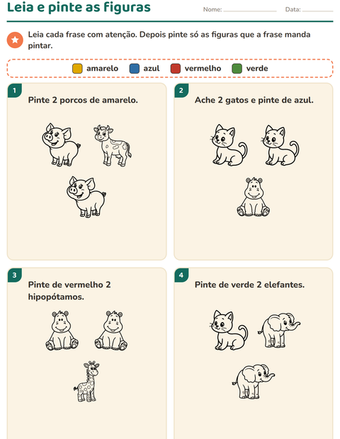 Pré-visualização da ficha de Leia e pinte com Animais PB 4 para 1º ano do ensino fundamental