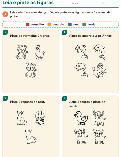 Pré-visualização da ficha de Leia e pinte com Animais PB 5 para 1º ano do ensino fundamental