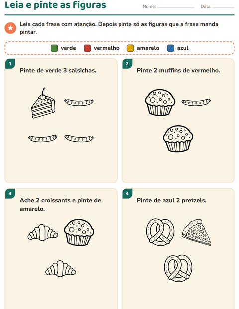 Pré-visualização da ficha de Leia e pinte com Comida PB 2 para 1º ano do ensino fundamental