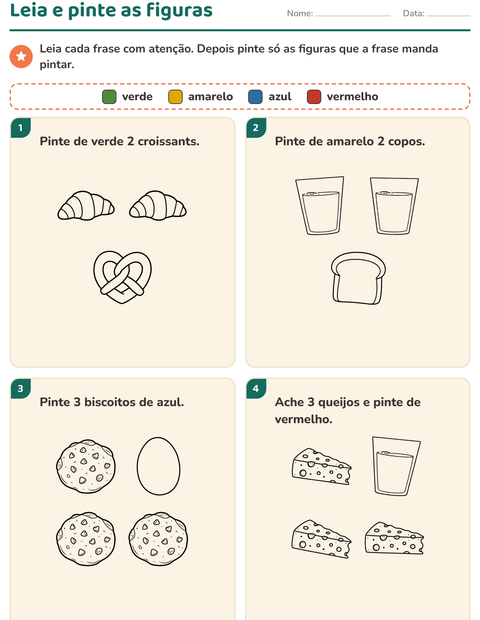 Pré-visualização da ficha de Leia e pinte com Comida PB 3 para 1º ano do ensino fundamental