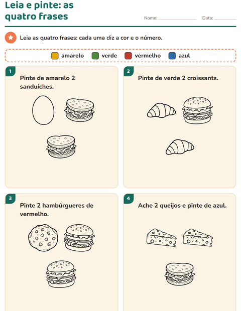 Pré-visualização da ficha de Leia e pinte com Comida PB 3 para 1º ano do ensino fundamental