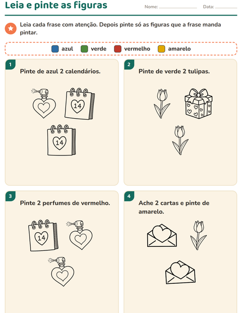 Pré-visualização da ficha de Leia e pinte com Dia dos Namorados PB 2 para 1º ano do ensino fundamental