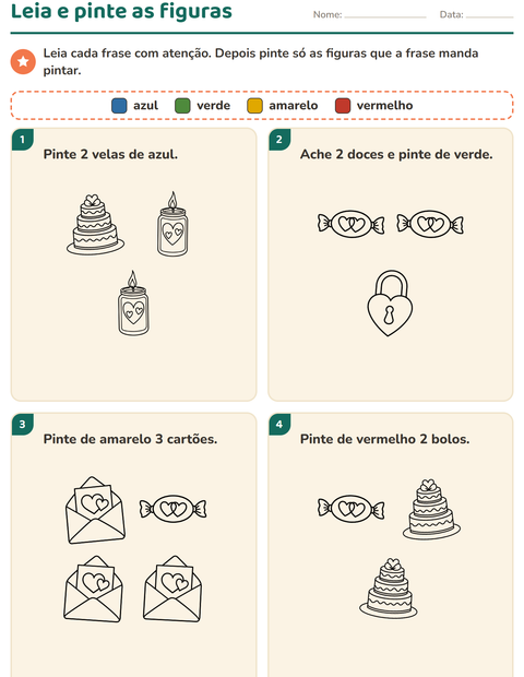 Pré-visualização da ficha de Leia e pinte com Dia dos Namorados PB para 1º ano do ensino fundamental