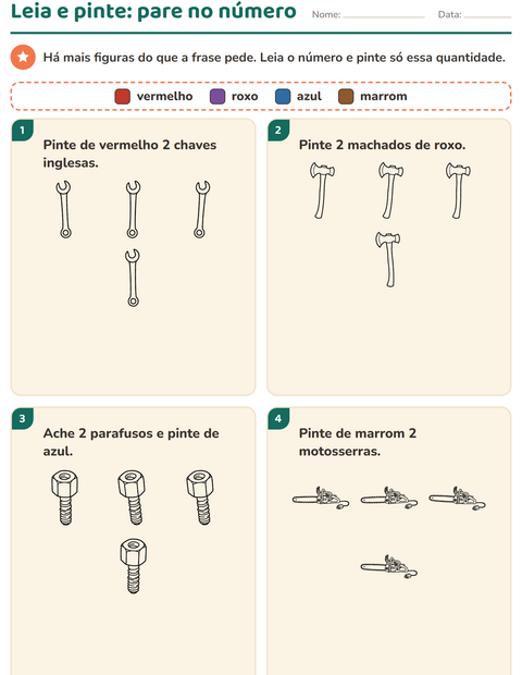 Pré-visualização da ficha de Leia e pinte com Ferramentas PB para 1º ano do ensino fundamental