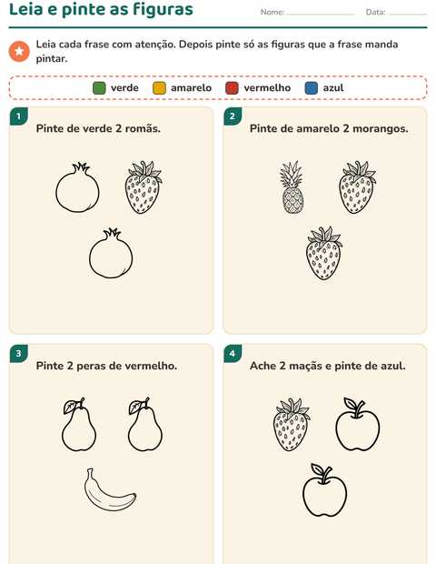 Pré-visualização da ficha de Leia e pinte com Frutas PB para 1º ano do ensino fundamental