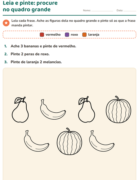 Pré-visualização da ficha de Leia e pinte com Frutas PB para 1º ano do ensino fundamental