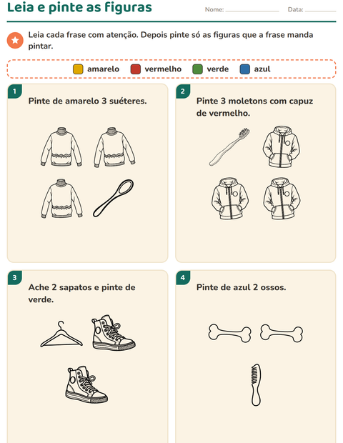 Pré-visualização da ficha de Leia e pinte com Objetos PB para 1º ano do ensino fundamental