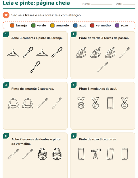 Pré-visualização da ficha de Leia e pinte com Objetos PB para 1º ano do ensino fundamental