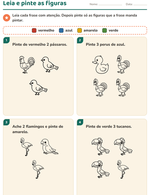 Pré-visualização da ficha de Leia e pinte com Pássaros P&B 2 para 1º ano do ensino fundamental