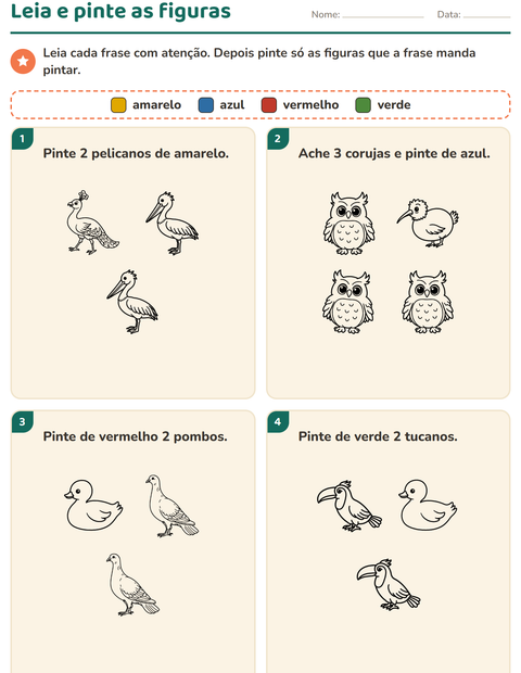Pré-visualização da ficha de Leia e pinte com Pássaros P&B para 1º ano do ensino fundamental