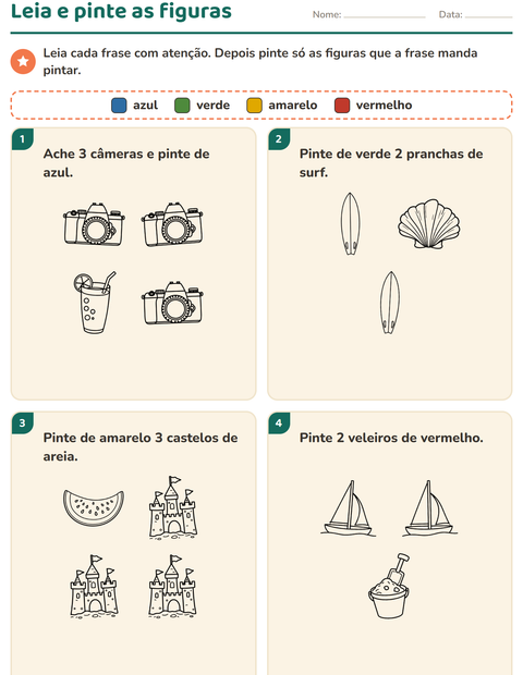 Pré-visualização da ficha de Leia e pinte com Praia PB para 1º ano do ensino fundamental