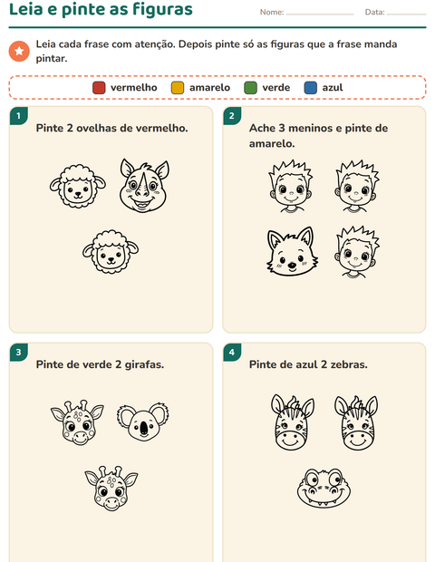 Pré-visualização da ficha de Leia e pinte com Rostos PB para 1º ano do ensino fundamental
