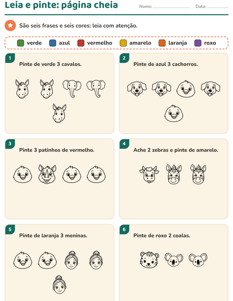 Pré-visualização da ficha de Leia e pinte com Rostos PB para 1º ano do ensino fundamental