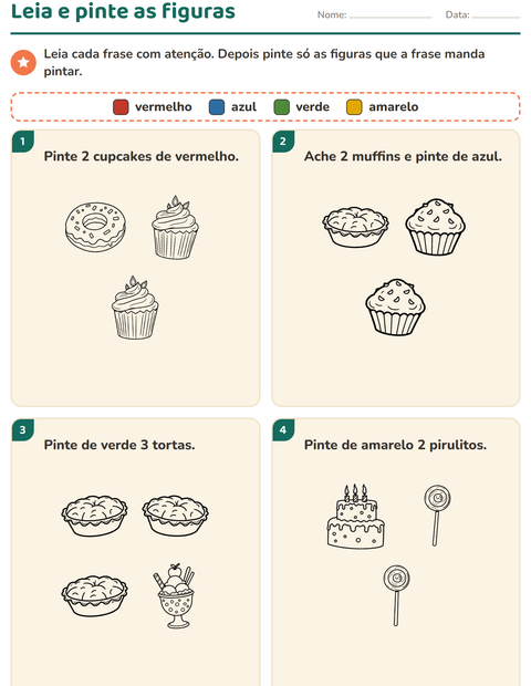 Pré-visualização da ficha de Leia e pinte com Sobremesa (P&B) para 1º ano do ensino fundamental