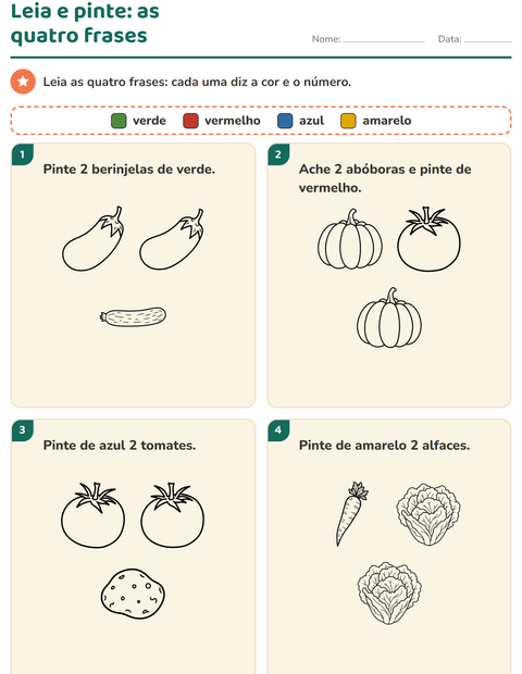 Pré-visualização da ficha de Leia e pinte com Vegetais PB para 1º ano do ensino fundamental