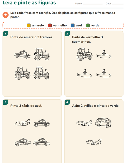 Pré-visualização da ficha de Leia e pinte com Veículos PB 2 para 1º ano do ensino fundamental