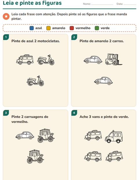 Pré-visualização da ficha de Leia e pinte com Veículos PB 3 para 1º ano do ensino fundamental