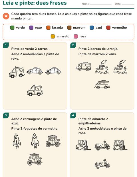 Pré-visualização da ficha de Leia e pinte com Veículos PB 3 para 1º ano do ensino fundamental