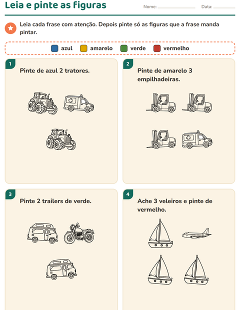 Pré-visualização da ficha de Leia e pinte com Veículos PB para 1º ano do ensino fundamental