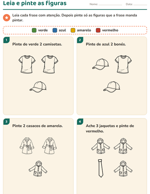 Pré-visualização da ficha de Leia e pinte com Vestuário PB para 1º ano do ensino fundamental