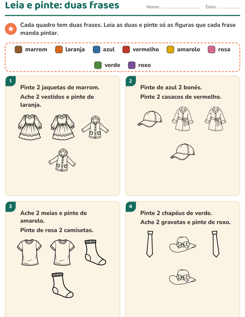 Pré-visualização da ficha de Leia e pinte com Vestuário PB para 1º ano do ensino fundamental