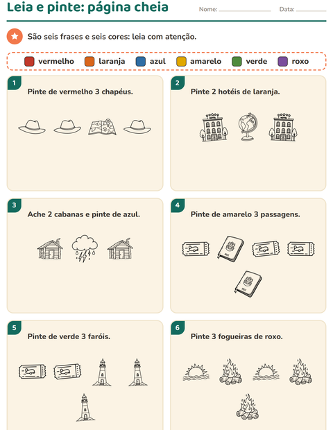 Pré-visualização da ficha de Leia e pinte com Viagens e Férias PB para 1º ano do ensino fundamental