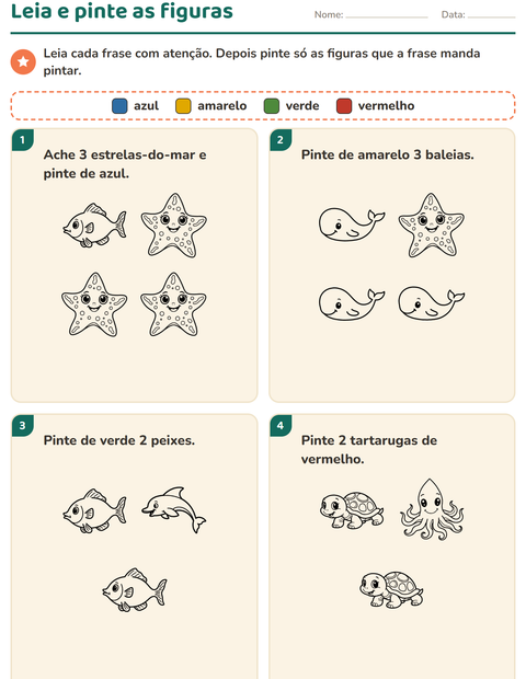 Pré-visualização da ficha de Leia e pinte com Vida marinha PB 2 para 1º ano do ensino fundamental