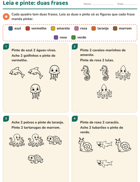 Pré-visualização da ficha de Leia e pinte com Vida marinha PB 2 para 1º ano do ensino fundamental