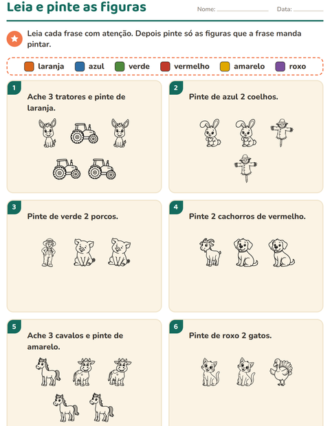Pré-visualização da ficha de Leia e pinte com Fazenda PB para 1º ano do ensino fundamental