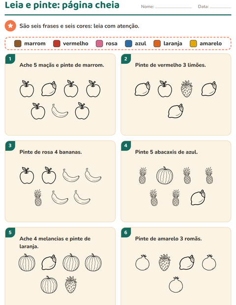 Pré-visualização da ficha de Leia e pinte com Frutas PB para 1º ano do ensino fundamental