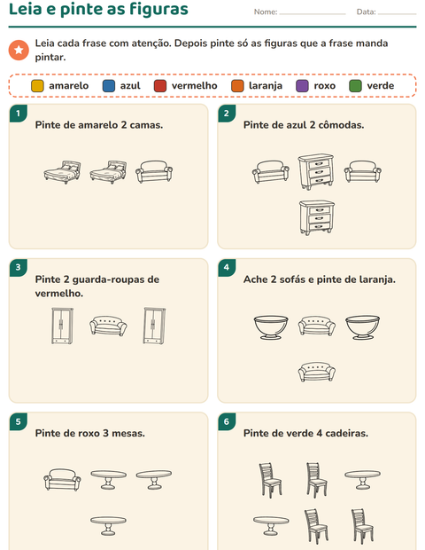 Pré-visualização da ficha de Leia e pinte com Móveis PB para 1º ano do ensino fundamental