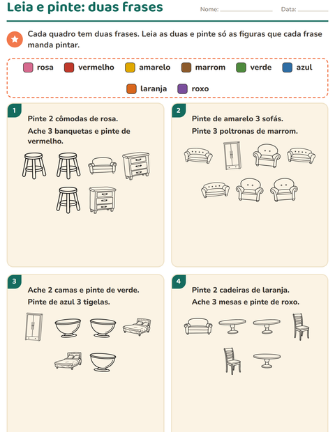 Pré-visualização da ficha de Leia e pinte com Móveis PB para 1º ano do ensino fundamental