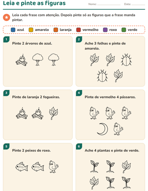 Pré-visualização da ficha de Leia e pinte com Natureza PB para 1º ano do ensino fundamental