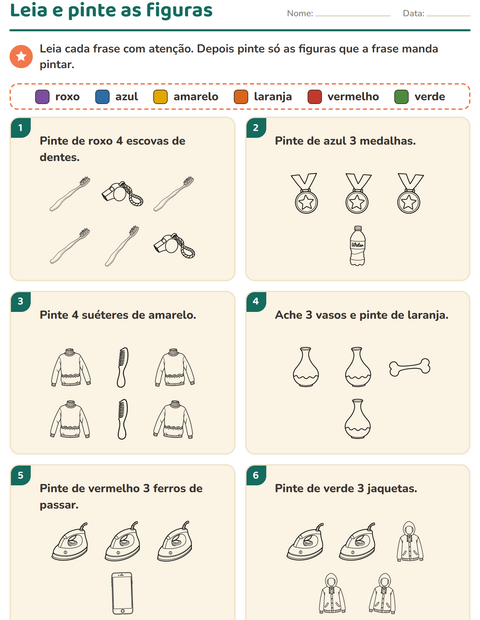 Pré-visualização da ficha de Leia e pinte com Objetos PB para 1º ano do ensino fundamental