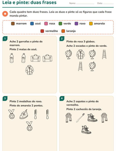 Pré-visualização da ficha de Leia e pinte com Objetos PB para 1º ano do ensino fundamental