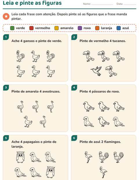 Pré-visualização da ficha de Leia e pinte com Pássaros P&B 2 para 1º ano do ensino fundamental