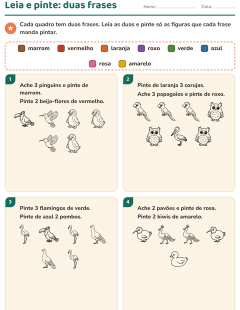 Pré-visualização da ficha de Leia e pinte com Pássaros P&B para 1º ano do ensino fundamental