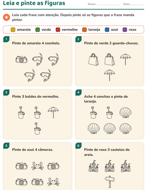 Pré-visualização da ficha de Leia e pinte com Praia PB 2 para 1º ano do ensino fundamental