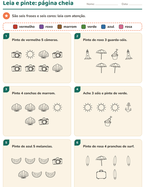 Pré-visualização da ficha de Leia e pinte com Praia PB para 1º ano do ensino fundamental