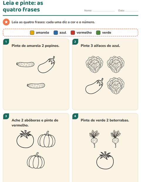 Pré-visualização da ficha de Leia e pinte com Vegetais PB para 1º ano do ensino fundamental