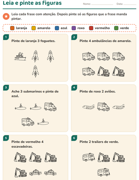 Pré-visualização da ficha de Leia e pinte com Veículos PB 2 para 1º ano do ensino fundamental