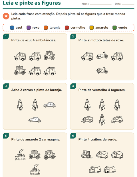 Pré-visualização da ficha de Leia e pinte com Veículos PB 3 para 1º ano do ensino fundamental
