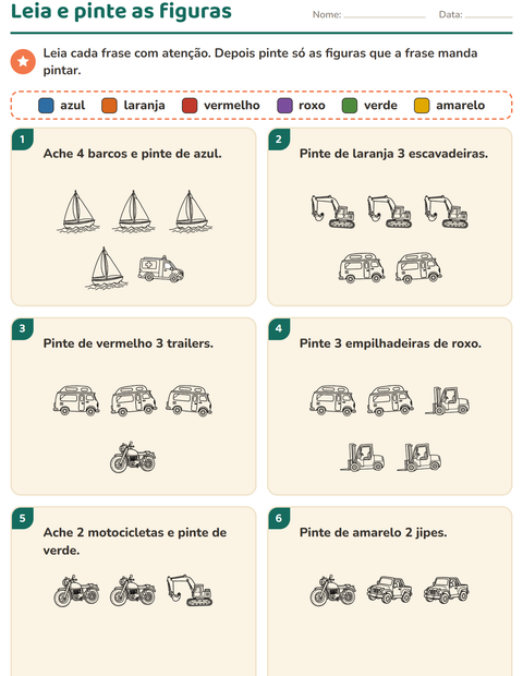 Pré-visualização da ficha de Leia e pinte com Veículos PB para 1º ano do ensino fundamental