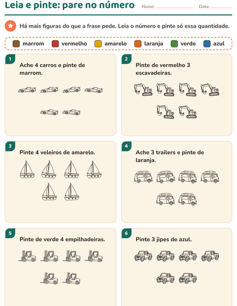 Pré-visualização da ficha de Leia e pinte com Veículos PB para 1º ano do ensino fundamental